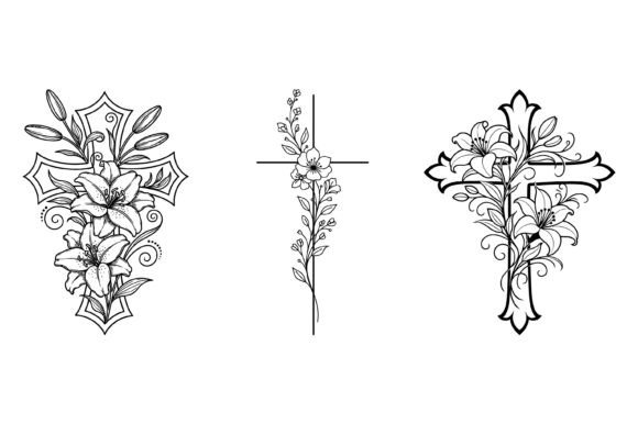 Floral Christian Cross Line Art Graphics & T-Shirt Designs